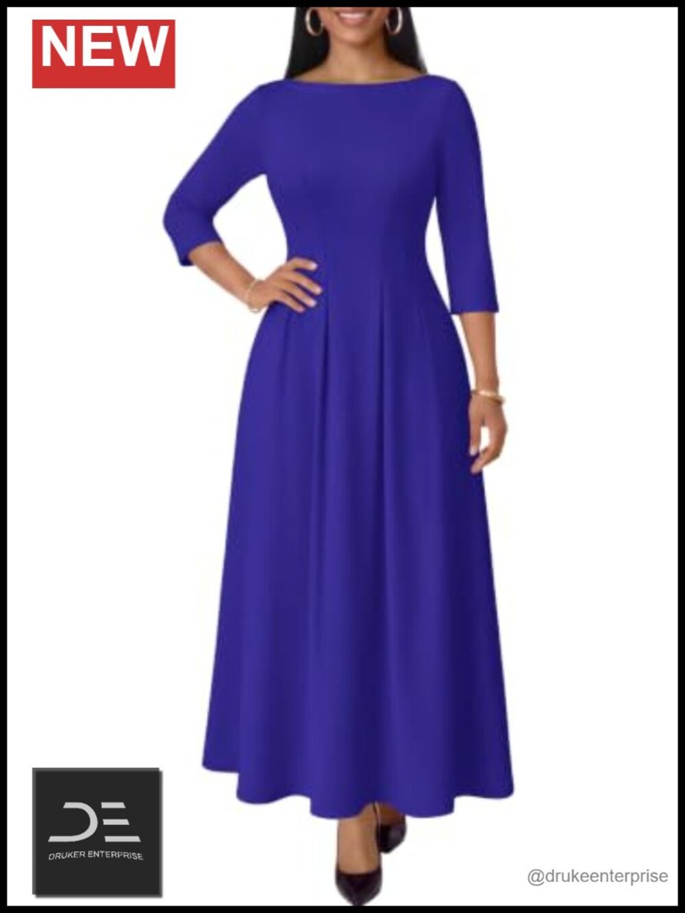 Elegant Maxi Dress Seamed Waist Boat Neck 3/4 Sleeve with Pockets